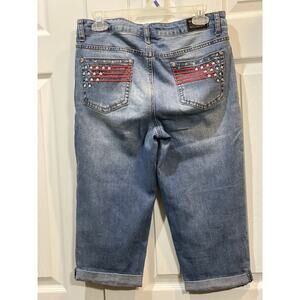 Earl Jeans Capri Womens Size 8 Blue Cuffed Red Bling Flap Pocket